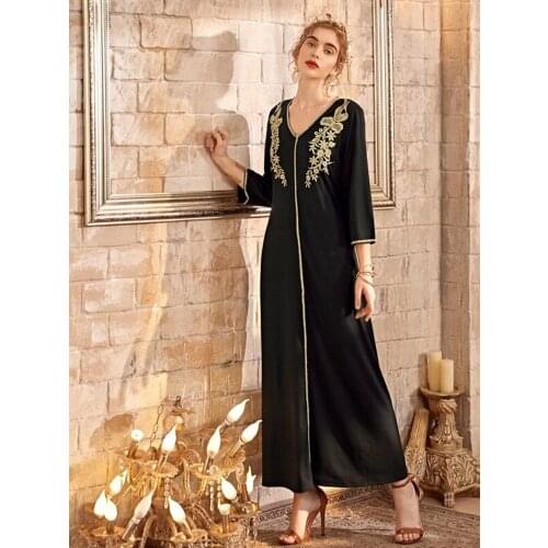 2020 HOT Women dress v-neck Prayer Ramadan Long Black Dress Muslim Embroidered dresses Party dresses Female bing