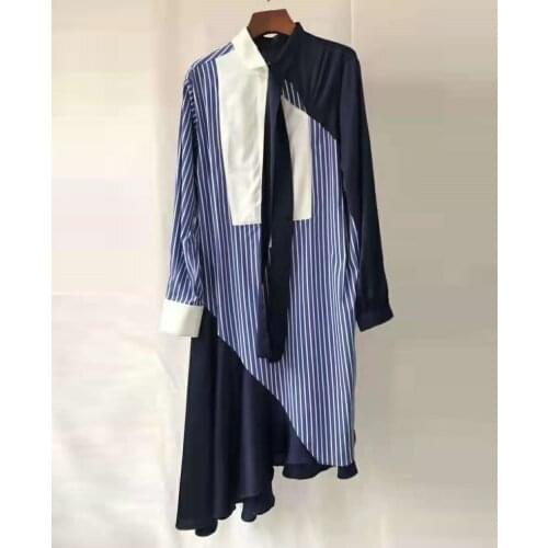 Newest Fashion Autumn Dress 2021 High Quality Women Color Block Patchwork Long Sleeve Mid-Calf Length Casual Striped Dress OL