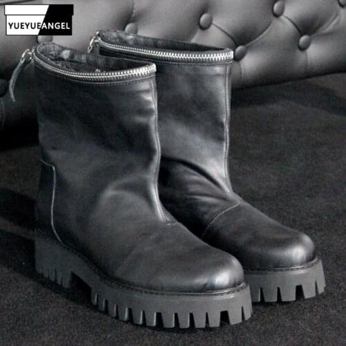 Winter Fake Zipper Thick Bottom Black Boots Men Russian Style Round Toe Slip On Botas Top Genuine Leather Cowboy Boots Plus Size