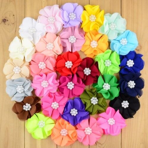 120pcs/lot 30 Color U Pick 2.8 Inch Soft Chiffon Layered Fabric Flowers With Pearl DIY girls Hair Accessories TH02