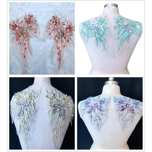 2pcs Hand-stitched rhinestone lace applique deep purple trim clips for dress DIY accessories 25 * 18cm