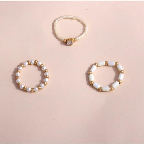 3PCS Simulated Pearl Ring Set Bohemian Jewelry Multicolor Resin Bead Elastic Rings For Women Fashion Party Gift