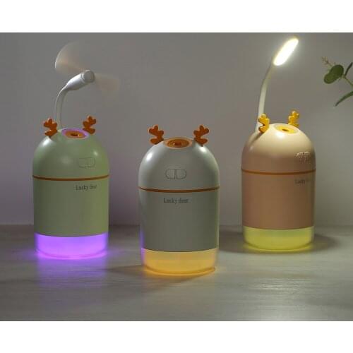 3 In 1 Humidifier Lucky Deer USB Charge ABS 2W Colorful Light Bedroom Women Fashion Humidifier Fan /Night Light /Humidifier