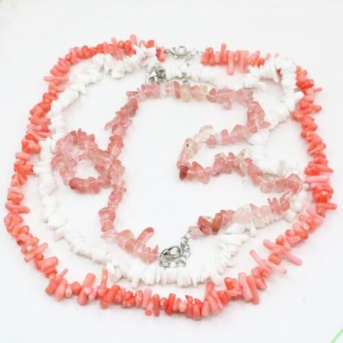 3 colors necklace for women natural coral stone pink watermalon crystal irregular chips beads charms chain jewelry 18" B3471