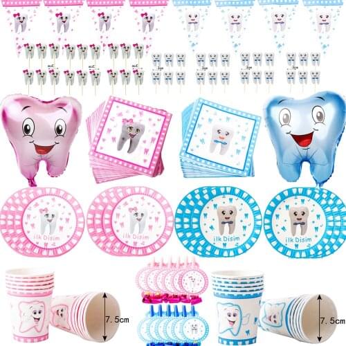 Kids First Tooth Party Disposable Tableware Baby Teeth Pattern Paper Cups Plates Napkins Ilk Disim Theme Party Supplies Decorate