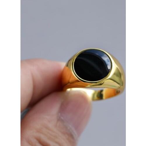 Big Round Black Stone Yellow Gold Color Rings for Men Vintage Fashion Wedding Jewelry Male Engagement Promise Ring Luxury Gifts