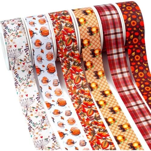 10 Yards Plaid Cartoon Pumpkin Printed Grosgrain Ribbon for Thanksgiving Home Decoration DIY Hair Bow Sewing Gift