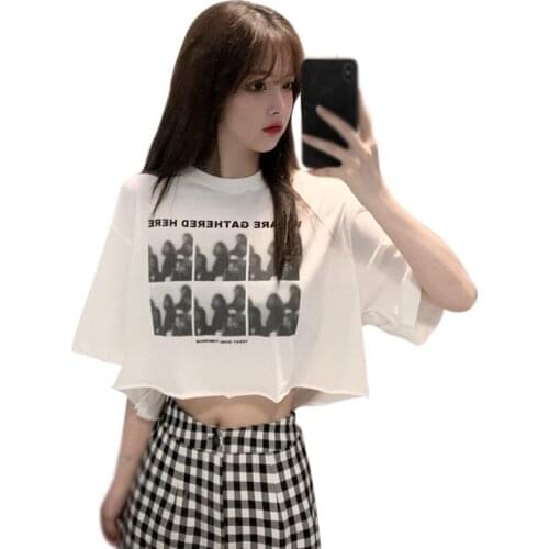 Summer Korean Style Fashion Trend Casual Tee Loose Print round Neck Short Style Short Sleeve Top T-Shirt