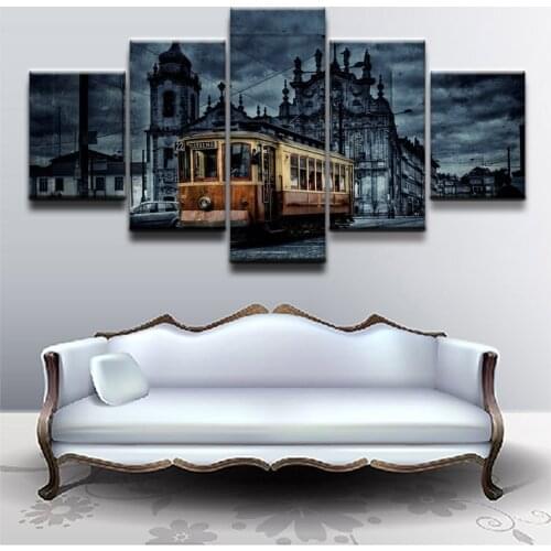 Modular Canvas Prints Home Wall Art Posters 5 Pieces Retro European City Building Tram Paintings Living Room Decor Pictures