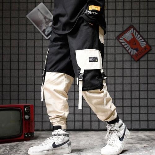 Men Harem pants black red patchwork Hip Hop Loose cargo pants man Japan style multi pockets sweatpants joggers