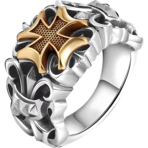 S925 silver creative domineering exaggerated crown earl cross retro mens hipster open adjustable ring