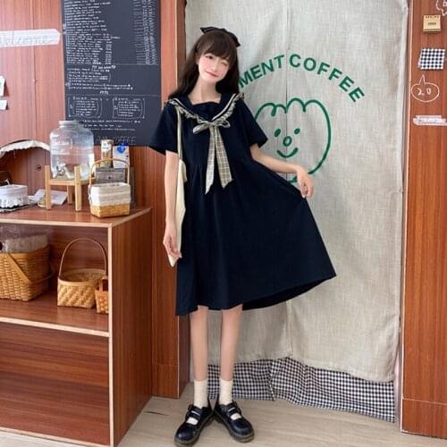 2020 Summer New Korean Style College Style Sailor Collar Girls Dress Loose Slim Student Long Skirt sweet black lolita dress