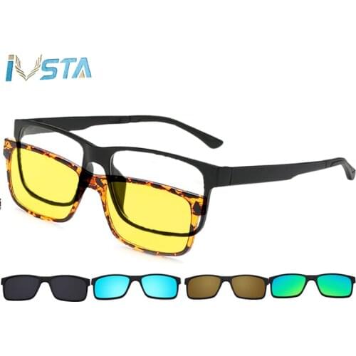 IVSTA 5 in 1 Clip On Sunglasses Polarized Magnetic Myopia Glasses Men TR90 Prescription Square Optical Frames Nerd for Sight