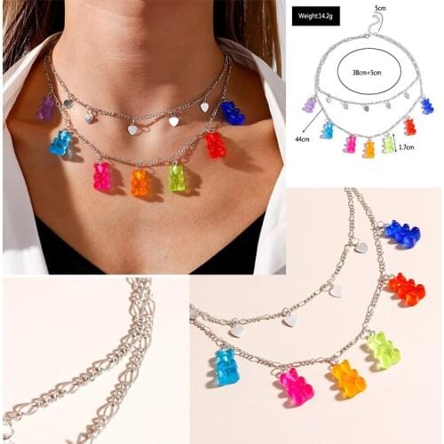 2 IN 1 Heart Star Charm Animal Pendant Necklace Mini Candy Color Bear Necklace for Women Girl Birthday Daily Jewelry Party Gifts