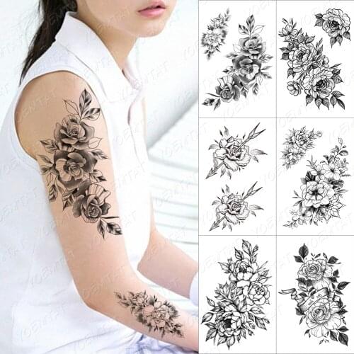 Old School Rose Temporary Tattoo Sticker For Men Women Adult Flower Peony Waterproof Fake Henna Minimalist Lines Body Art Tatoo