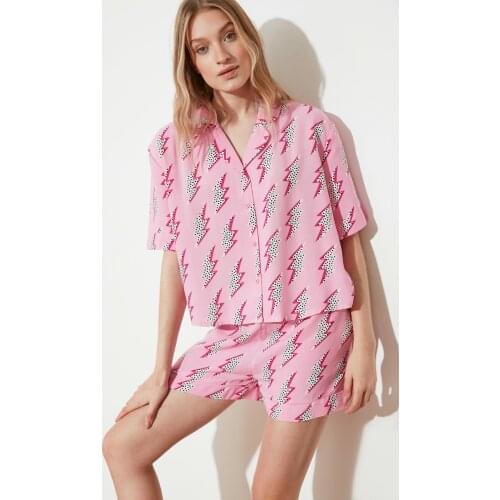 Womens Lightning Pattern Woven Pajamas Set Summer Short Sleeve Femme Two Piece Shirt Shorts Set Casual Home Clothing Button 2021 New Sleepwear Homewear Cute Comfy