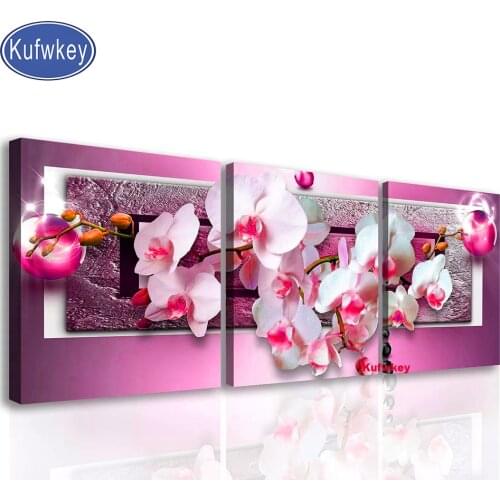 Fuchsia Orchid 3 Piece Diy Diamond Embroidery Flower Diamond Painting full Square Round Drill Home Decoration Triptych