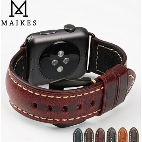 MAIKES Red Oil Wax Cow Leather Watch Strap For Apple Watch Band 42mm 38mm / 44mm 40mm Series 4 3 2 1 iWatch Watchbands