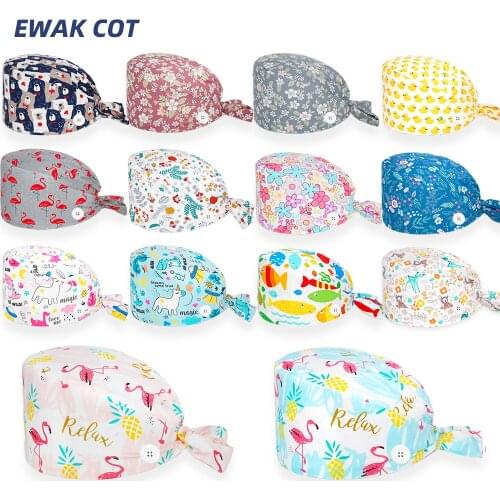 New Scrubs Caps Button Cotton Adjustable Pet Health Surgery Hat Nurse Uniform Accessories Anime Printing Pet Working Nursing Cap