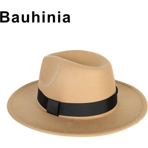 Bauhinia brand big brim top hat men and women jazz hat black retro hat spring autumn winter woolen hat gentleman top hat