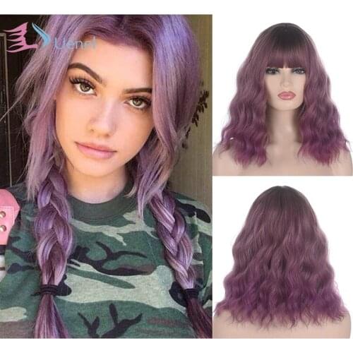 Uenel Short Curly Shoulder Length Full Bang Women Bob Wig grape
