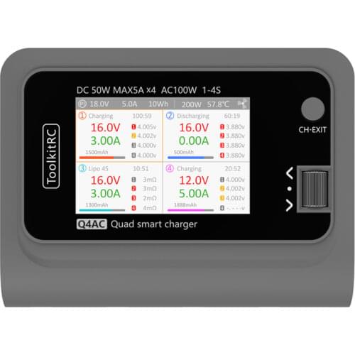 In Stock ToolkitRC M4Q DC 4x50w 5A LIPO LiHV LiFe Lion 1-4S AC 100W Quad Channel Balance Charger Ports XT60 XT30 Smart Charger