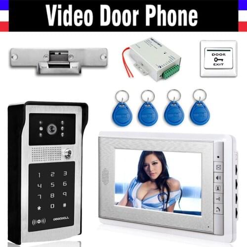 7 Inch LCD Wired Video Door Phone Doorbell Intercom System Electric Door Strike Lock ID Card Power Exit Aluminum Alloy Case