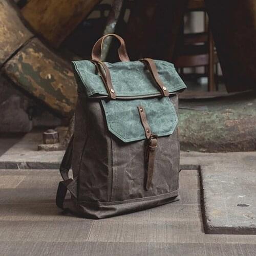 Waxed Rucksack Crazy Horse Leather Belt Decorative Backpack Bag Mens Daily Laptop Backpack