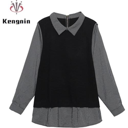 New 2021 Autumn Loose Fake Two Piece Women Blouse Oversized Long Sleeve Pullovers Patchwork Tops Black Color Female Shirt KE1717