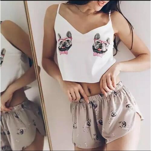 Women Summer Pyjamas Silk Satin Sleepwear Sexy Animal Print Lace Lingerie Set V-Neck Sling Underwear Pajamas пижама женская g4