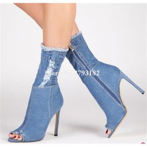 Women Sexy Fashion Peep Toe Stiletto Heel Slim Denim Gladiator Short Boots Cut-out Blue Bandage High Heel Ankle Booties
