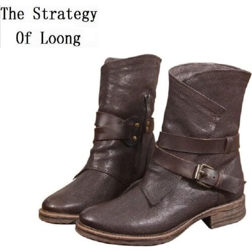 Spring Autumn Retro Women Genuine Leather Buckle Belt Mid-Calf Equestrian Boots Ladies Plush Handmade Half Knight Boots 20200306
