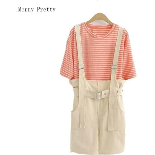 Womens Sets Clothing Short Sleeve Striped Cotton T Shirts And Solid Pockets Overalls Pants With Sashes Playsuits 2 Piece Set