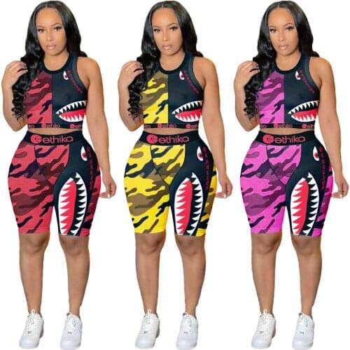 S-2XL 2021 Women Summer Sport 2 Piece Set Fashion Printing Sleeveless Top And Shorts Two Piece Set Wholesale Dropshipping