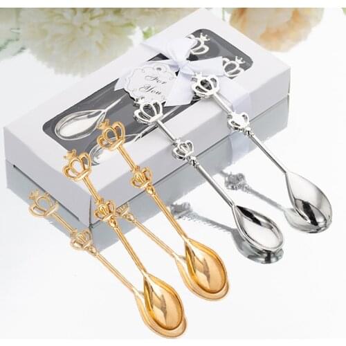 2pcs/set Spoon Gift Box Exquisite Crown Design Coffee Spoon Teaspoon Wedding Baby Shower Party Souvenir Tableware Supplies