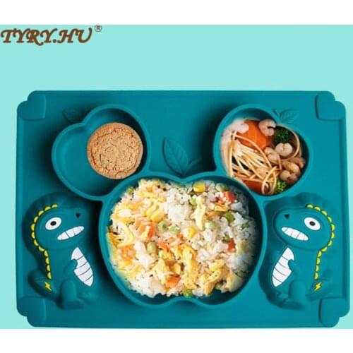 2Pcs Baby Dinosaur Food Silicone Dinner children plate Baby Silicone Plate Baby Feeding Dish