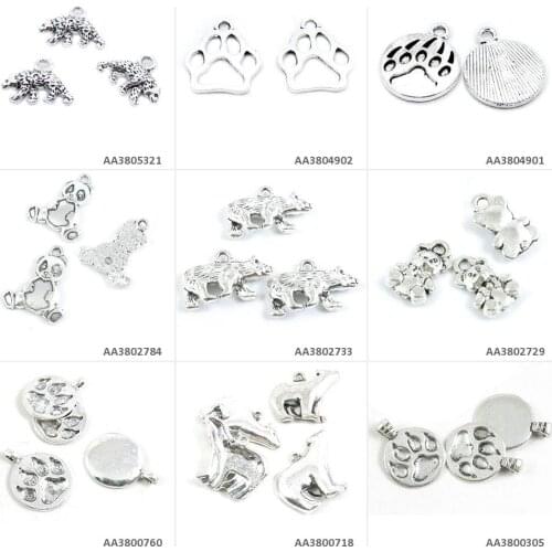 Antique Silver Plated Jewelry Making Charms Wolf Paw Footprint Trace Polar Bear Teddy Winnie Panda Dog Crafting Craft