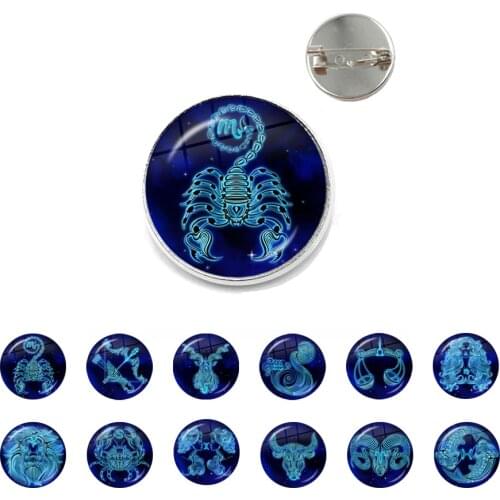 Fashion 12 Constellation Brooches Zodiac Signs Picture 20/25mm Glass Cabochon Collar Pins Jewelry For Women Men Birthday Gift