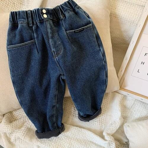 Toddler Kids Winter Pants Casual Thicken Baby Girls Boys Solid Loose Warm Denim Pants 2-7 Y Childrens Plus Velvet Jeans Trouser