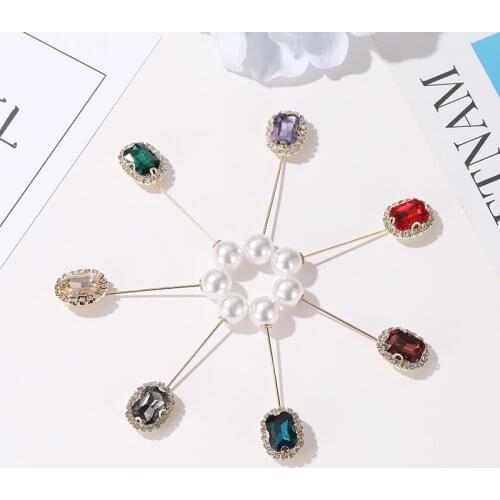 Double-Head Rectangle White Simulated Pearl Blue Green Grey Red Purple Champagne Scarf Clothes Pins Golden Brooches for Women
