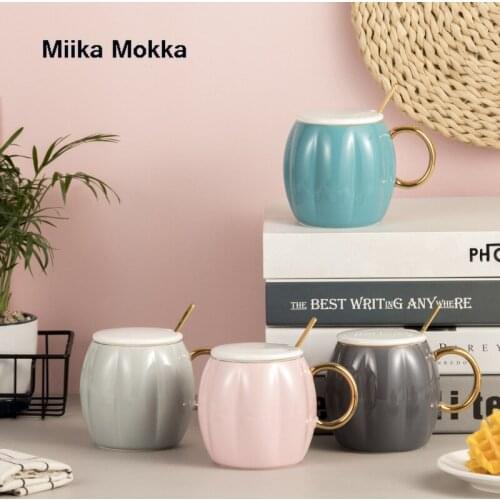 Nordic Creative Ceramic Mug with Lid Spoon Coffee Cup Pumpkin Shape Tea Milk Breakfast Mug Oatmeal Yogurt Cup Unique Gift