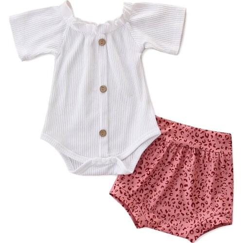 2Pcs Fashionable Baby Girls Outfit Summer Breathable Solid Color Short Sleeve Button Romper + Casual Leopard Point Shorts Set
