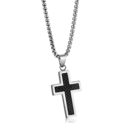 Classic Cross Carbon Fiber Pendant Mens Necklace Stainless Steel Charm Chain Link 24Inch Necklaces Religious Accessories