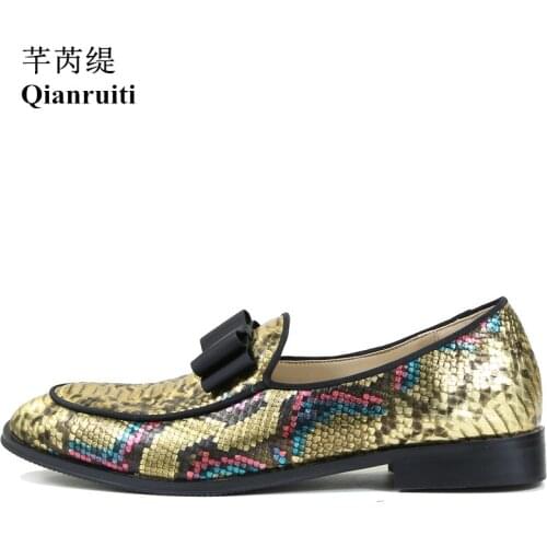 2019 Fashion Show Men Gold Snakeskin leather Shoes Bowknot Slip-on Printing Formal Oxfords Wedding Flats Men Dress Shoes
