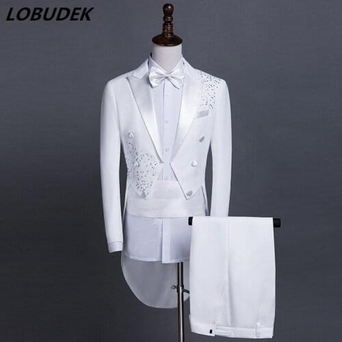 Male Magician Swallowtail Costumes Sparkly crystals Tailing jacket Blazers suits Prom Mens singer Host stage performance outfit