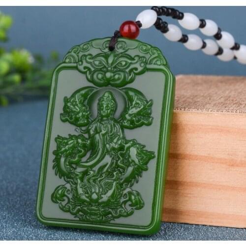 Natural Green Jade Kowloon Guanyin Pendant Necklace Jewellery Fashion Accessories Hand-Carved Man Luck Amulet Gift Sweater Chain