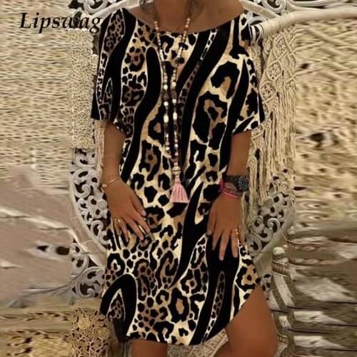 Summer New Off Shoulder Short Sleeve Party Dress Women Leopard Print Patchwork Mini Dress Spring Retro O Neck Loose Casual Dress