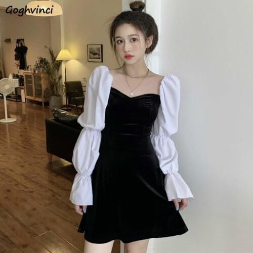 Dress Women High Waist Patchwork Slim Leisure A-Line Sexy Lady Flare Sleeve French Style Ulzzang Club Wear Harajuku Retro Mini