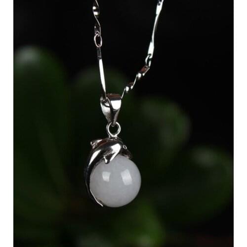 925 Silver Jade Round Pearl Silver Inlaid with Dolphin Pendant Trendy Charm Necklace women jewelry