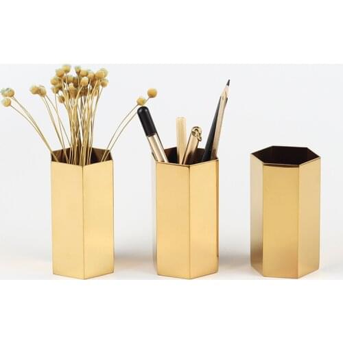 Six-sided rhombus pen holder, six-sided golden vase, stainless steel metal table top decoration